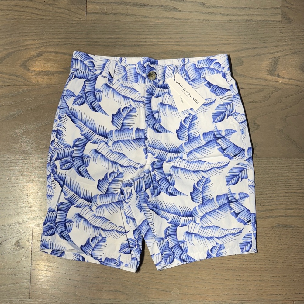Janie and Jack Blue and White Leaf Print Kids Shorts